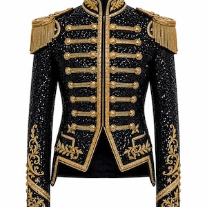 Schwarze Pailletten-Militärjacke für Herren und Damen | Gold Borte Husaren Offizier Mantel | Steampunk Napoleonischer Stil | Epaulette Fransen Bühnenkostüm