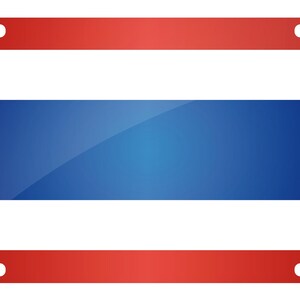 May include: A rectangular license plate featuring the horizontal striped design of the Thai flag with red, white, and blue bands. The plate has rounded corners and four mounting slots, two at the top and two at the bottom, with a glossy finish.