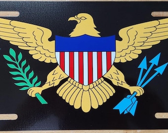 Vlag van de Amerikaanse Maagdeneilanden Nummerplaat 6 x 12 inch Caribbean Patriotic National United in Pride and Hope embleem zwarte versie