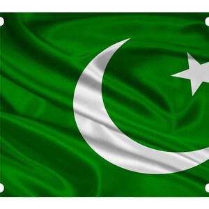 May include: A rectangular metal license plate featuring the national flag of Pakistan with a white vertical stripe on the left and a large white crescent moon and five-pointed star centered on a dark green field, with four mounting holes.