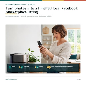 May include: A digital download kit titled Facebook Marketplace AI Single Listing Kit. The text explains how to turn photos into a finished local Facebook Marketplace listing. It features a four-step process: Photos, Sync to PC, Prompt, and Ready to publish to Facebook Marketplace.
