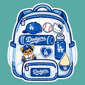 May include: A clear backpack featuring a blue Dodgers theme with various stickers including a baseball cap, a baseball, a Hello Kitty face, a teddy bear in a jersey, a heart, a water bottle, and a cup of soft serve ice cream with the Dodgers logo.