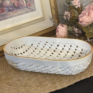 Primo'Gi Bassano Oval Woven Ceramic Fruit Bowl, Vintage White and Gold, Hollywood Regency Style, Made in Italy (30 cm)