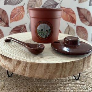 Vintage terracotta mustard, jam or condiment pot by Morris National France – Rustic stoneware with lid and spoon