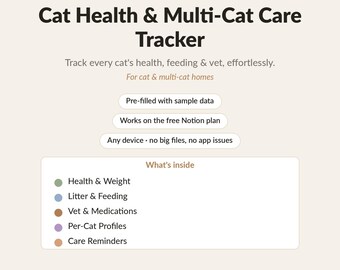 Katzengesundheit und Multi Cat Care Tracker | Notion Vorlage | Gewichts-, Tierarzt-, Wurf- und Fütterungstagebuch für Katzenbesitzer | Digitaler Download