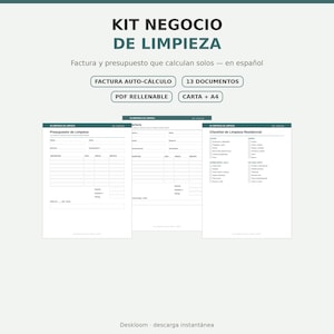 Kit Negocio de Limpieza Español, Factura con Cálculo Automático PDF Rellenable, Contrato Presupuesto Formularios, Descarga Digital