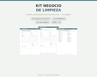 Kit Negocio de Limpieza Español, Factura con Cálculo Automático PDF Rellenable, Contrato Presupuesto Formularios, Descarga Digital