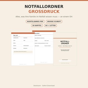 Notfallordner Großdruck, Ausfüllbares PDF Vorsorgeordner, Notfallmappe für Familie und Senioren, Wichtige Dokumente Organizer, Download
