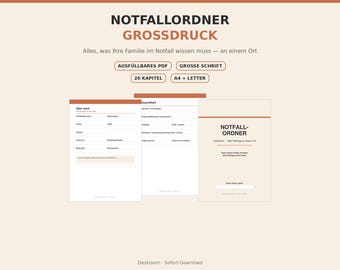 Notfallordner Großdruck, Ausfüllbares PDF Vorsorgeordner, Notfallmappe für Familie und Senioren, Wichtige Dokumente Organizer, Download