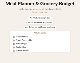 Mahlzeitenplaner und Haushaltsplaner Notion Vorlage | Wöchentliches Menü, Einkaufsliste, Essensbudget und Rezeptbox | Digitaler Download