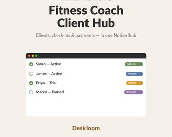 Fitness Coach Klient Hub Notion Vorlage | Personal Trainer crm & wöchentlicher Check-In-Tracker | Online Coaching Digitaler Download
