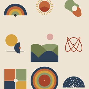 May include: A collection of nine geometric illustrations featuring a rainbow arc, a sun, abstract shapes, a landscape with hills and a pink circle, an atom-like symbol, a four-part square, concentric circles, and a dark blue semi-circle with white dots.