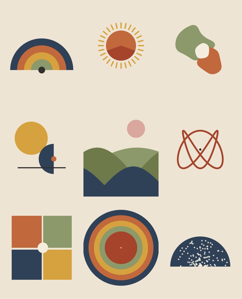 May include: A collection of nine geometric illustrations featuring a rainbow arc, a sun, abstract shapes, a landscape with hills and a pink circle, an atom-like symbol, a four-part square, concentric circles, and a dark blue semi-circle with white dots.