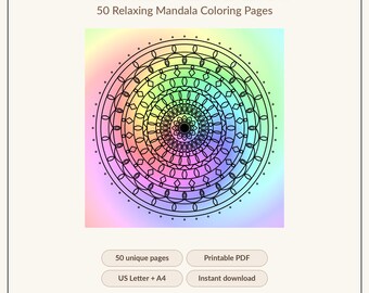 50 Mandala Coloring Pages Printable PDF | Adult Coloring Book, Relaxing Mandalas, Stress Relief & Mindfulness | US Letter + A4