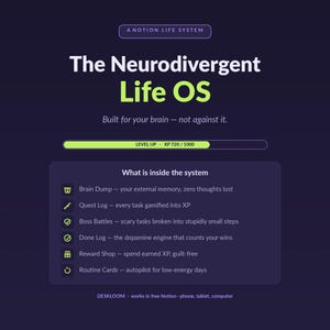 ADHD Planner Notion | Neurodivergent Life OS | Gamified Task & Dopamine System for ADHD Brain, Executive Dysfunction, Focus | Digital