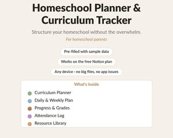 Homeschool Planner und Curriculum Tracker | Notion Vorlage | Unterrichtspläne, Noten, Anwesenheit und Fortschritt | Digitaler Download