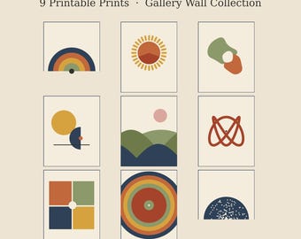 Mid-Century Abstract Wall Art Set of 9 | Boho Printable Gallery Wall Art, Terracotta Sage Prints, Digital Download, 5 Sizes
