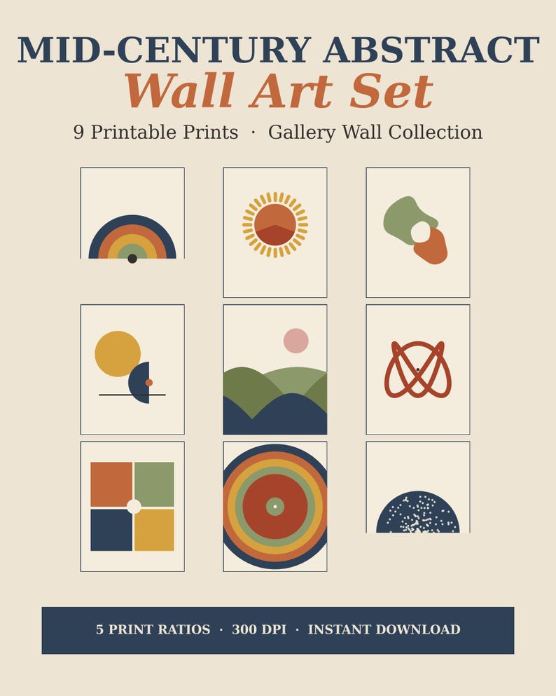 Mid-Century Abstract Gallery Wall Art Set | Terracotta Sage Boho Prints (Digital Download) image 1