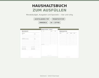 Haushaltsbuch zum Ausdrucken, Ausfüllbares PDF Budgetplaner Deutsch, Monatsbudget Finanzplaner Ausgaben Tracker Sparziele, Télécharger