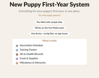 Neuer Welpe Erstes Jahr Kalender | Notion Vorlage für neue Hundebesitzer | Für Impfungen, Einschulung, Tierarzt und Welpen Kosten Tracker | Digitaler Download