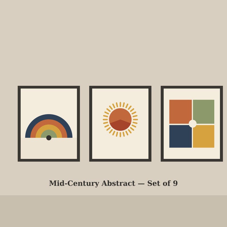 May include: Three framed wall art prints with cream backgrounds. The first shows a multi-coloured rainbow arch. The second features a sun with radiating lines. The third displays four coloured squares arranged in a grid. Text reads: Mid-Century Abstract &mdash; Set of 9.