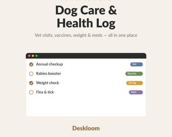 Hund Pflege und Gesundheit Log Notion Vorlage | Haustier - Impf- und Veterinär-Aufzeichnungs-Tracker | Hund Besitzer Digital Download