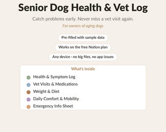 Ältere Hunde Gesundheit und Tierarzt Log | Notion Vorlage für alternde Hunde | Skizzen-, Medikations-, Gewicht- und Tierarztbesuch-Tracker | Digitaler Download
