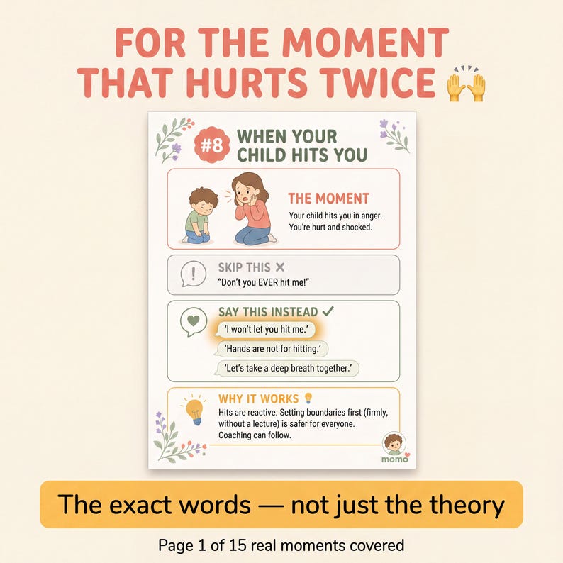 May include: An educational infographic titled FOR THE MOMENT THAT HURTS TWICE, featuring a guide on WHEN YOUR CHILD HITS YOU. It includes illustrations of a child and adult, sections for what to skip and say instead, and an explanation of why it works.