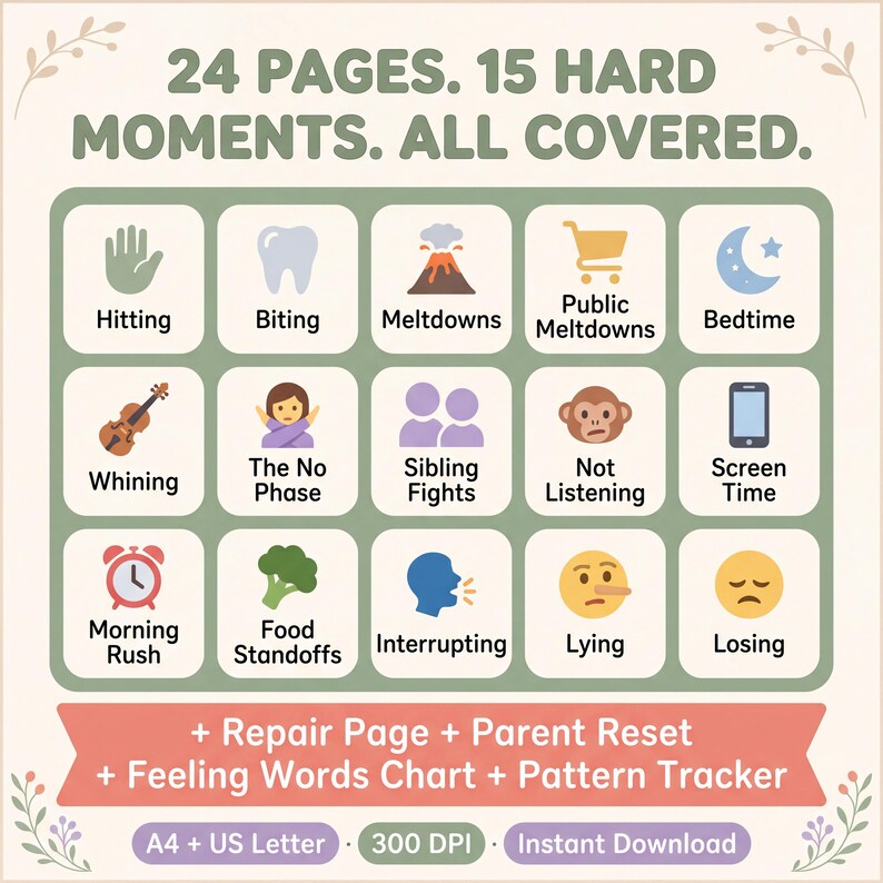 May include: A 24-page educational chart featuring 15 icons representing challenging behaviours like hitting, biting, meltdowns, and bedtime struggles. Includes a repair page, parent reset, feeling words chart, and pattern tracker in A4 and US Letter.