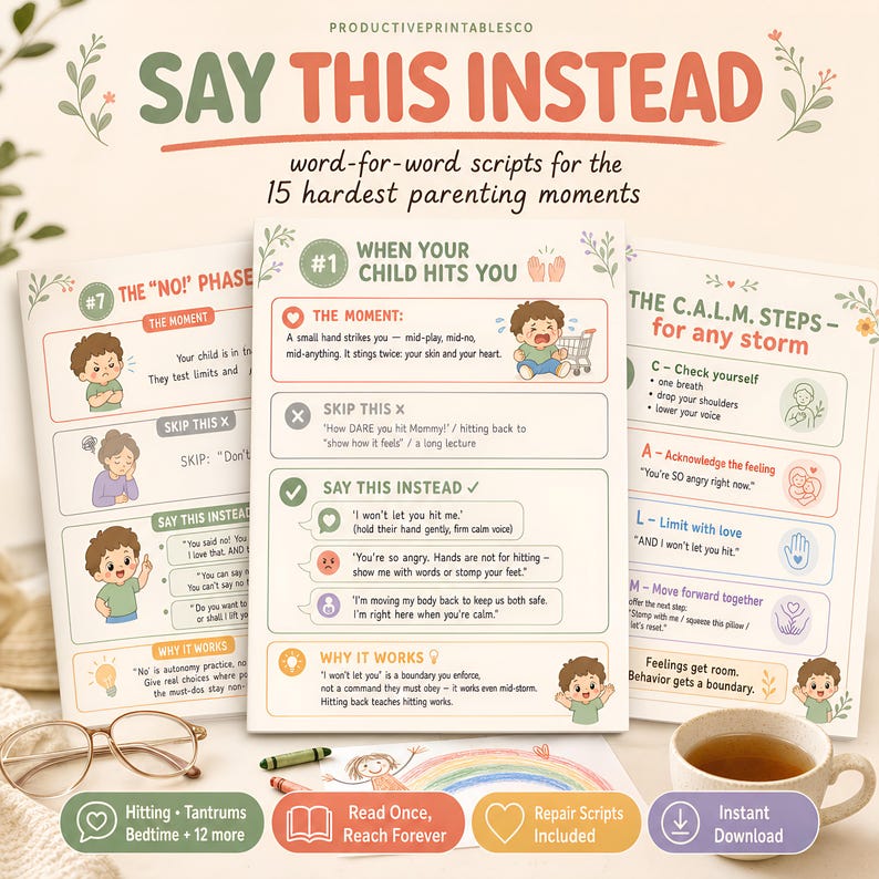May include: Three educational parenting guide sheets titled SAY THIS INSTEAD with text and illustrations for managing difficult moments. The sheets feature sections like THE MOMENT, SKIP THIS, SAY THIS INSTEAD, and WHY IT WORKS with pastel accents.
