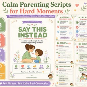 Op de afbeelding: Een digitale opvoedgids getiteld Calm Parenting Scripts for Hard Moments, met 23 pagina's aan scripts voor kinderen van 2 tot 8 jaar. De omslag toont een illustratie van een volwassene en kind, met secties over de 3 gouden regels en C.A.L.M. stappen.