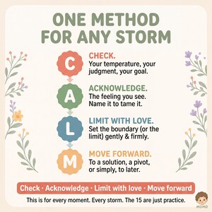 May include: A square educational graphic titled ONE METHOD FOR ANY STORM. It features the acronym CALM with steps: C for CHECK, A for ACKNOWLEDGE, L for LIMIT WITH LOVE, and M for MOVE FORWARD. The design includes floral illustrations and text.