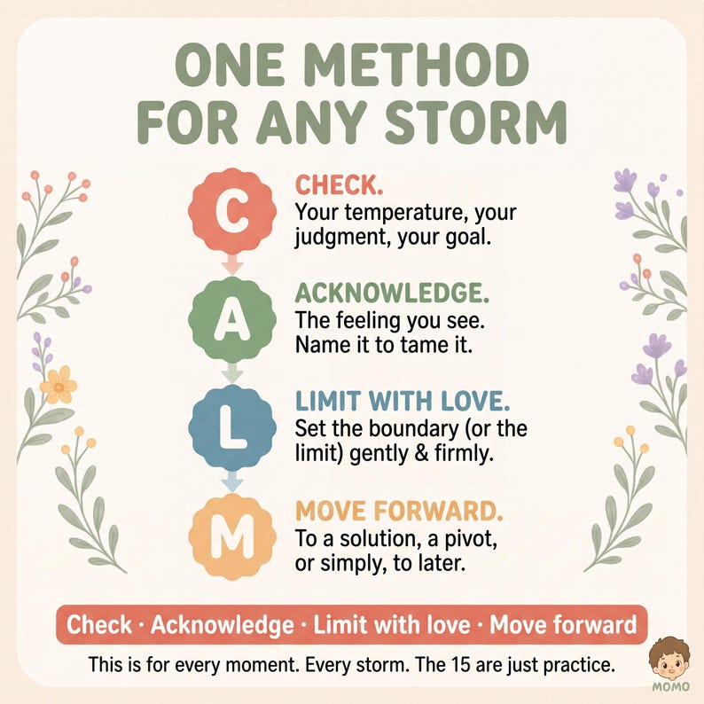 May include: A square educational graphic titled ONE METHOD FOR ANY STORM. It features the acronym CALM with steps: C for CHECK, A for ACKNOWLEDGE, L for LIMIT WITH LOVE, and M for MOVE FORWARD. The design includes floral illustrations and text.