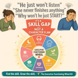 May include: An educational graphic titled Executive Functioning Wheel featuring a colorful circular chart with eight segments labeled Self-Awareness, Staying Calm, Focusing, Positive Thinking, Kindness, Talking It Out, Brave Choices, and Rest & Recharge.