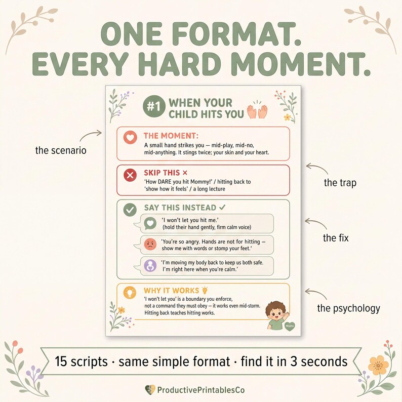 May include: A parenting guide titled ONE FORMAT. EVERY HARD MOMENT. featuring a chart labelled #1 WHEN YOUR CHILD HITS YOU. It includes sections for the scenario, the trap, the fix, and the psychology, with text scripts for parents to use.