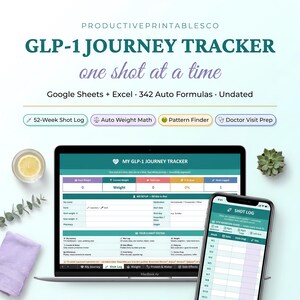 May include: A digital GLP-1 journey tracker template for Google Sheets and Excel, featuring a 52-week shot log, auto weight math, pattern finder, and doctor visit prep. The display shows a laptop and smartphone screen with data tables.