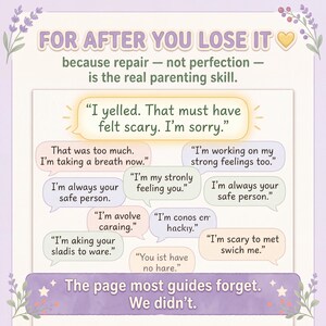 May include: A graphic print featuring the title FOR AFTER YOU LOSE IT and the subtitle because repair &mdash; not perfection &mdash; is the real parenting skill. It displays multiple pastel-coloured speech bubbles containing various phrases for parents.
