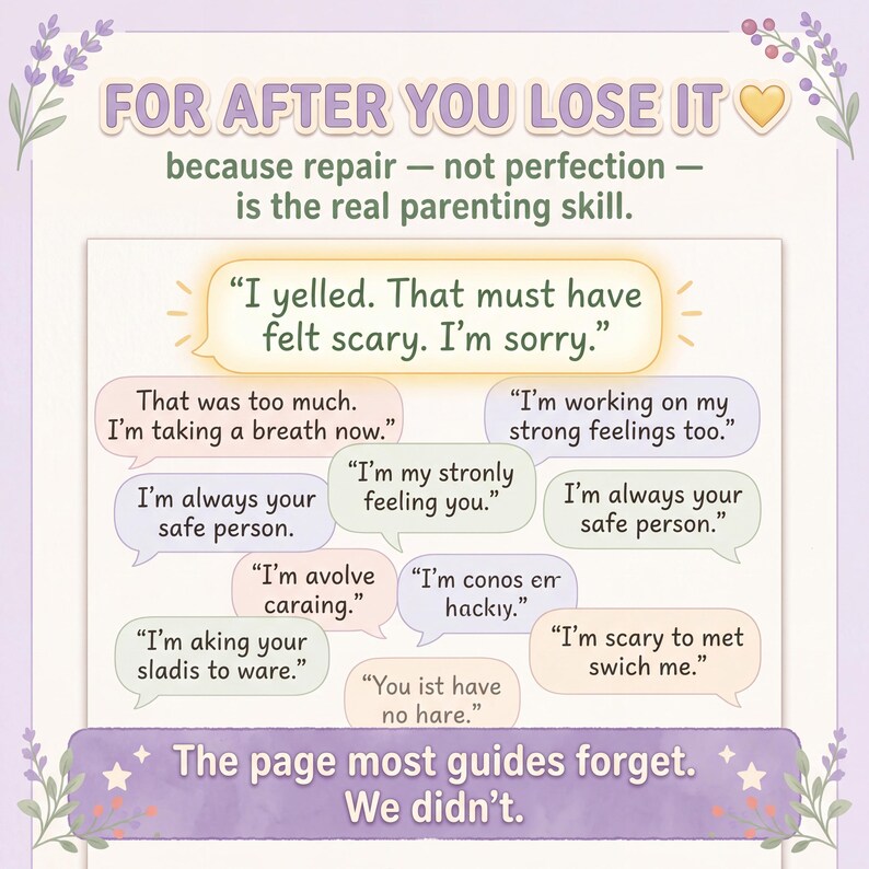 May include: A graphic print featuring the title FOR AFTER YOU LOSE IT and the subtitle because repair &mdash; not perfection &mdash; is the real parenting skill. It displays multiple pastel-coloured speech bubbles containing various phrases for parents.