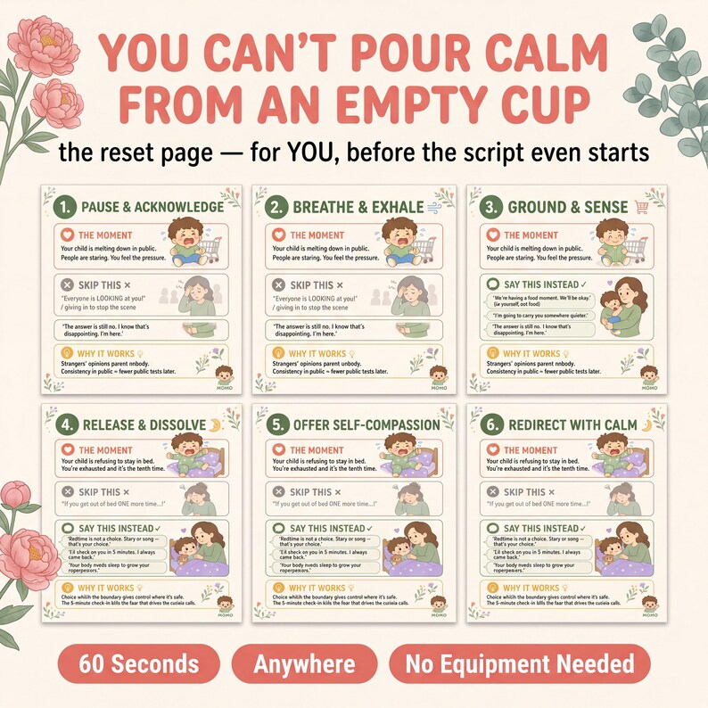 May include: An educational infographic titled YOU CAN'T POUR CALM FROM AN EMPTY CUP featuring six numbered steps for parenting guidance. Each section includes cartoon illustrations of a parent and child, text prompts for handling difficult moments, and advice on self-compassion, all set against a light background with floral accents.