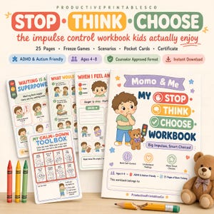 Impulse Control Workbook for Kids Printable | Stop Think Choose Activities | ADHD Executive Function | Self Regulation Autism Therapy