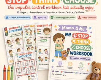 Impulse Control Workbook for Kids Printable | Stop Think Choose Activities | ADHD Executive Function | Self Regulation Autism Therapy