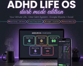 ADHD Life Planner Dark Mode | All in One Google Sheets Excel Template Budget Habit Tracker | Weekly Time Blocking | Brain Dump Meal Planner