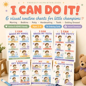 Visual Routine Charts for Kids Printable | Toddler Daily Schedule Autism ADHD Morning Bedtime Chart Handwashing Potty Teeth Visual Schedule