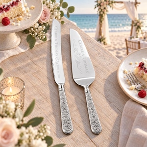 Personalized Silver Floral Wedding Cake Knife Server Set, Engraved Names Date