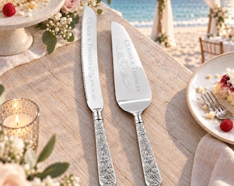 Personalized Silver Floral Wedding Cake Knife Server Set, Engraved Names Date