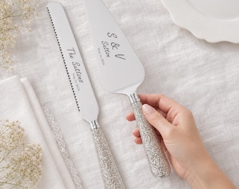 Silver Wedding Cake Knife Set with Server, Personalized Couple Names