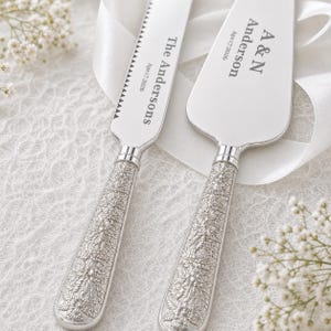 Personalized Wedding Cake Cutting Set, Engraved Knife and Server with Names and Date