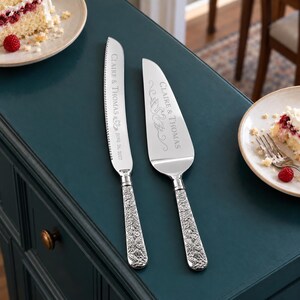 Custom Engraved Monogram Wedding Cake Knife & Server Set, Silver Floral Handles