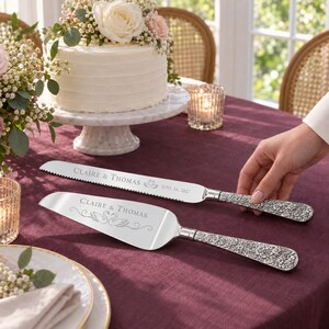 Personalized Wedding Keepsake Cake Knife & Server Set, Engraved Family Name, Silver Floral Handles