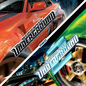 以下が含まれることがあります： オレンジ色の車の上にNeed for Speed Undergroundのロゴ、緑色の車の上にNeed for Speed Underground 2のロゴが配置された分割画面のグラフィック。背景には都市のスカイラインと、赤いブレーキキャリパーを備えた金色のホイールが写っている。